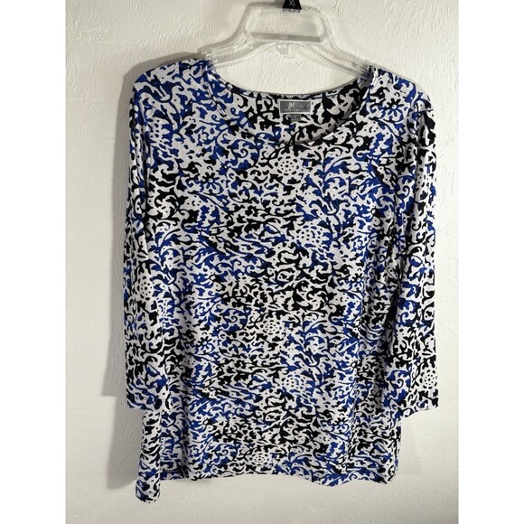 My Collections White Royal Blue Black Stretch 3/4 Sleeve Blouse Woman’s Large - Picture 5 of 8